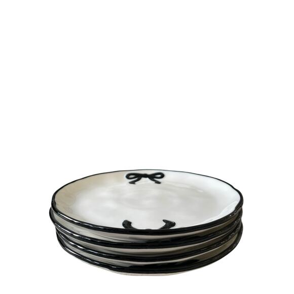 Hand Painted Coquette Black Bow Salad Plates 9in White Ceramic Set of 4 NEW - Picture 4 of 13